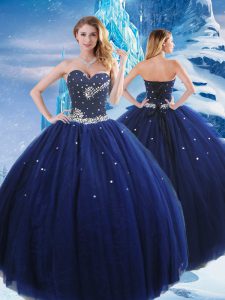 Discount Sleeveless Tulle Floor Length Lace Up Vestidos de Quinceanera in Navy Blue with Beading