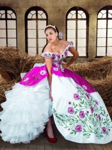 Ideal Sleeveless Taffeta Floor Length Lace Up Sweet 16 Dress in Multi-color with Embroidery and Ruffled Layers