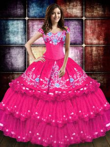 Deluxe Sleeveless Floor Length Embroidery and Ruffled Layers Lace Up 15th Birthday Dress with Hot Pink