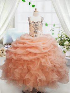 Most Popular Straps Floor Length Zipper Little Girl Pageant Dress Orange for Quinceanera and Wedding Party with Beading and Ruffles and Pick Ups