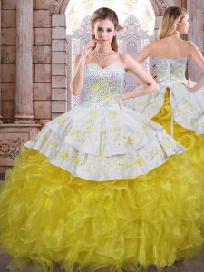 New Arrival Sweetheart Sleeveless Lace Up Quinceanera Gown Yellow And White Organza