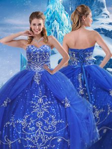 Blue Ball Gowns Tulle Sweetheart Sleeveless Beading and Appliques Floor Length Lace Up Quince Ball Gowns