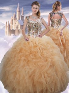 Sexy Floor Length Ball Gowns Sleeveless Champagne 15 Quinceanera Dress Lace Up