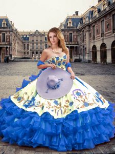 Blue Sleeveless Floor Length Embroidery and Ruffled Layers Lace Up 15th Birthday Dress