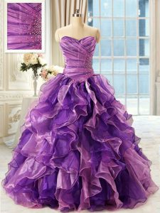 Fabulous Eggplant Purple Sweetheart Neckline Beading and Ruffles Sweet 16 Dress Sleeveless Lace Up