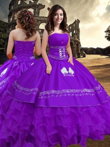 Captivating Sleeveless Taffeta Floor Length Zipper Vestidos de Quinceanera in Purple with Embroidery and Ruffled Layers