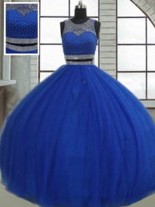 Royal Blue Sleeveless Tulle Clasp Handle 15 Quinceanera Dress for Military Ball and Sweet 16 and Quinceanera