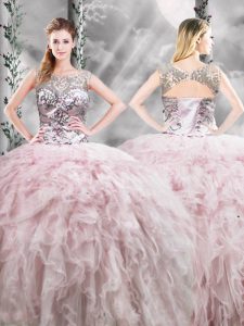 Dramatic Pink Quinceanera Gowns Military Ball and Sweet 16 and Quinceanera with Ruffles Scoop Sleeveless Zipper