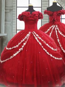 Most Popular Sleeveless Appliques and Pick Ups Lace Up Quinceanera Gown with Wine Red Brush Train