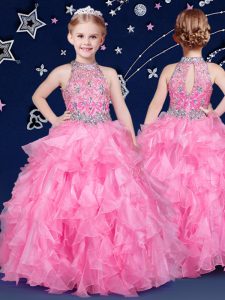 Rose Pink Halter Top Zipper Beading and Ruffles Kids Formal Wear Sleeveless