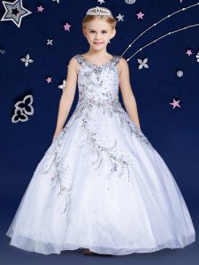 Scoop White Zipper Little Girls Pageant Dress Wholesale Beading Sleeveless Floor Length