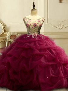 Burgundy Organza Lace Up Ball Gown Prom Dress Sleeveless Floor Length Appliques and Ruffles and Sequins