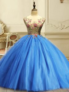 Baby Blue Ball Gowns Tulle Scoop Sleeveless Appliques and Sequins Floor Length Lace Up Quinceanera Gown