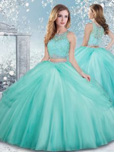 High Quality Aqua Blue Sleeveless Tulle Clasp Handle Sweet 16 Dress for Military Ball and Sweet 16 and Quinceanera
