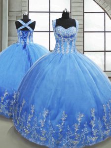 Extravagant Baby Blue Tulle Lace Up Sweetheart Sleeveless Floor Length Quinceanera Dresses Beading and Appliques