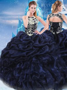 Latest Navy Blue Ball Gowns Taffeta High-neck Sleeveless Appliques and Ruffles and Pick Ups Floor Length Lace Up Quinceanera Dress