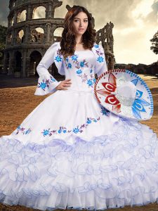 Baby Blue Ball Gowns Organza Square Long Sleeves Embroidery and Ruffled Layers Floor Length Lace Up Sweet 16 Dresses