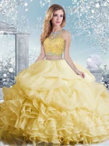 Yellow Organza Clasp Handle Bateau Sleeveless Floor Length Quinceanera Dress Beading and Ruffles and Pick Ups