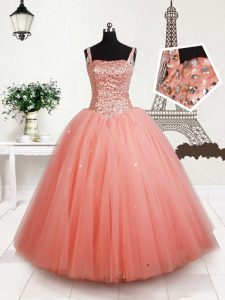 Graceful Straps Peach Sleeveless Beading Floor Length Little Girls Pageant Gowns