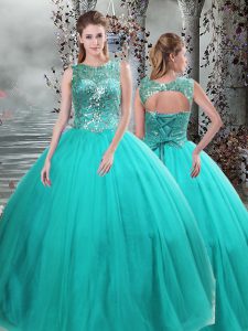 Ball Gowns Ball Gown Prom Dress Turquoise Scoop Tulle Sleeveless Floor Length Lace Up