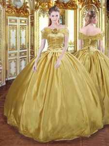 Charming Gold Lace Up Off The Shoulder Beading and Appliques and Hand Made Flower 15th Birthday Dress Tulle Sleeveless