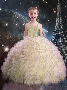 Ball Gowns Child Pageant Dress Light Yellow Straps Organza Sleeveless Floor Length Lace Up