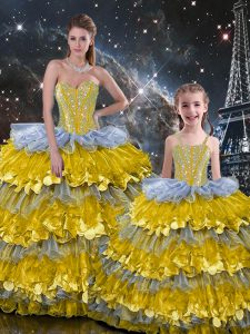 Pretty Sweetheart Sleeveless Organza 15 Quinceanera Dress Beading and Ruffles Lace Up