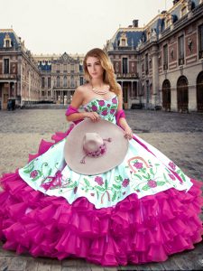 Dramatic Fuchsia Sleeveless Embroidery and Ruffled Layers Floor Length Vestidos de Quinceanera