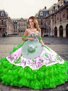 Sweetheart Sleeveless Quinceanera Dress Floor Length Embroidery and Ruffled Layers Green Organza