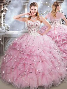 Modest Baby Pink Organza Lace Up Quinceanera Dresses Sleeveless Floor Length Beading and Ruffles