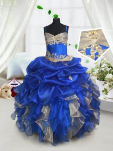 Classical Blue and Champagne Ball Gowns Spaghetti Straps Sleeveless Organza Floor Length Lace Up Beading and Ruffles and Pick Ups Little Girls Pageant Dress
