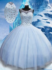 Ball Gowns Quinceanera Gown Light Blue Scoop Tulle Sleeveless Floor Length Lace Up