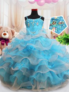Baby Blue Ball Gowns Straps Sleeveless Organza Floor Length Zipper Beading and Appliques and Ruffled Layers Little Girl Pageant Dress