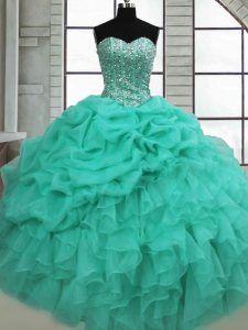 New Style Turquoise Sweetheart Lace Up Beading and Ruffles and Pick Ups Quinceanera Dresses Sleeveless