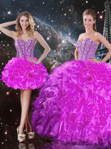 Fantastic Sleeveless Floor Length Beading and Ruffles Lace Up Vestidos de Quinceanera with Fuchsia
