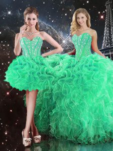 Dynamic Green 15th Birthday Dress Military Ball and Sweet 16 and Quinceanera with Beading and Ruffles Sweetheart Sleeveless Lace Up