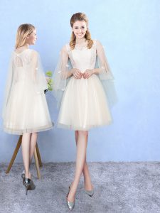 Classical Champagne Tulle Lace Up Square Half Sleeves Knee Length Quinceanera Court of Honor Dress Lace
