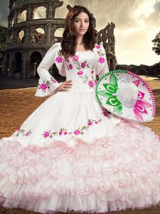 Ball Gowns Quinceanera Gowns White Square Organza Long Sleeves Floor Length Lace Up