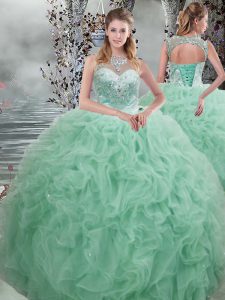 Classical Sleeveless Floor Length Beading and Ruffles Lace Up 15 Quinceanera Dress with Apple Green