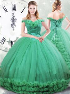 Turquoise Sleeveless Fabric With Rolling Flowers Brush Train Lace Up Sweet 16 Dress for Military Ball and Sweet 16 and Quinceanera