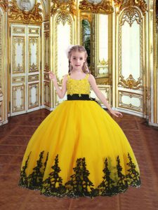 Modern Floor Length Gold Child Pageant Dress Tulle Sleeveless Lace and Appliques