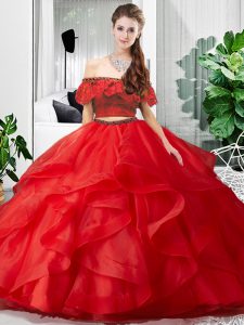 Enchanting Floor Length Red Ball Gown Prom Dress Tulle Sleeveless Lace and Ruffles