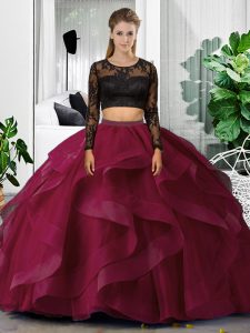 Long Sleeves Floor Length Lace and Ruffles Backless Sweet 16 Quinceanera Dress with Fuchsia