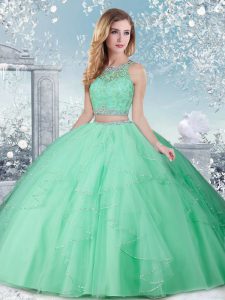 Vintage Apple Green Quinceanera Dress Military Ball and Sweet 16 and Quinceanera with Beading High-neck Sleeveless Clasp Handle