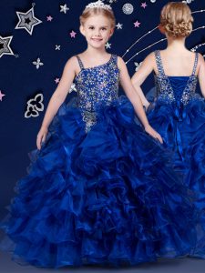 Attractive Royal Blue Ball Gowns Beading and Ruffled Layers Little Girls Pageant Gowns Lace Up Organza Sleeveless Floor Length