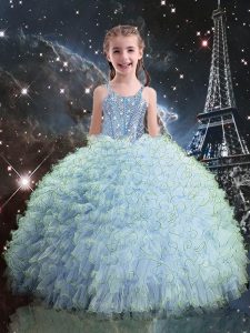 Light Blue Ball Gowns Organza Straps Sleeveless Beading and Ruffles Floor Length Lace Up Girls Pageant Dresses