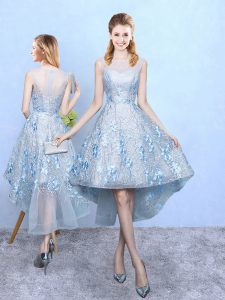 Sweet Light Blue A-line Appliques Dama Dress Zipper Tulle and Printed Sleeveless High Low