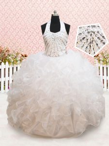 Unique Halter Top Sleeveless Kids Formal Wear Floor Length Beading and Ruffles White Organza