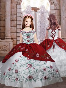 Exquisite White And Red Spaghetti Straps Lace Up Embroidery and Ruffled Layers Kids Pageant Dress Sleeveless