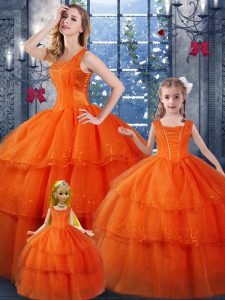 Custom Design Straps Sleeveless Quince Ball Gowns Floor Length Ruffled Layers Orange Red Organza